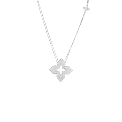 18K GOLD VENETIAN PRINCESS MEDIUM DIAMOND FLOWER LONG NECKLACE - 18K White Gold