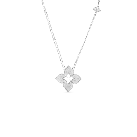 18K GOLD VENETIAN PRINCESS MEDIUM DIAMOND FLOWER LONG NECKLACE - 18K White Gold