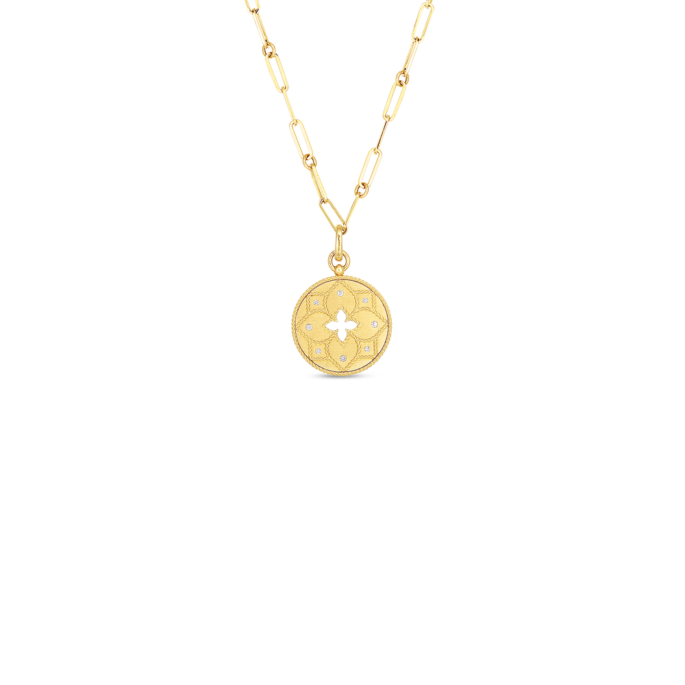 18K VENETIAN PRINCESS DIAMOND & SATIN FLOWER CUT OUT MEDALLION NECKLACE - 18K Yellow Gold