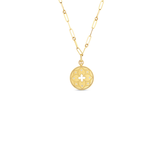18K VENETIAN PRINCESS DIAMOND & SATIN FLOWER CUT OUT MEDALLION NECKLACE - 18K Yellow Gold