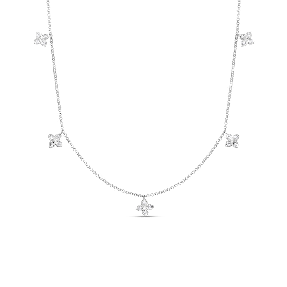 18K WHITE GOLD LOVE BY THE INCH DANGLING 5 STATION DIAMOND FLOWER NECKLACE