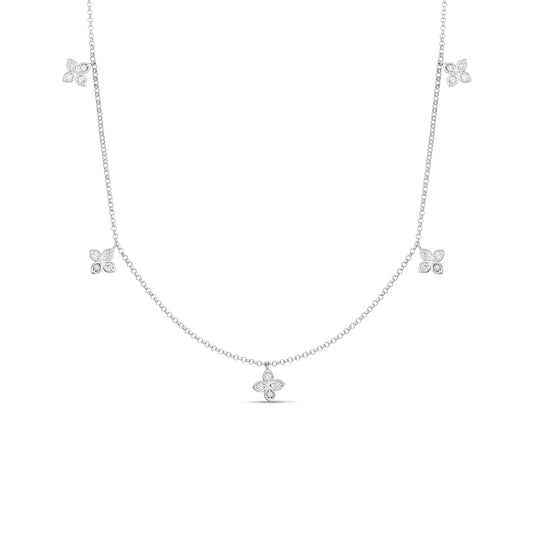 18K WHITE GOLD LOVE BY THE INCH DANGLING 5 STATION DIAMOND FLOWER NECKLACE