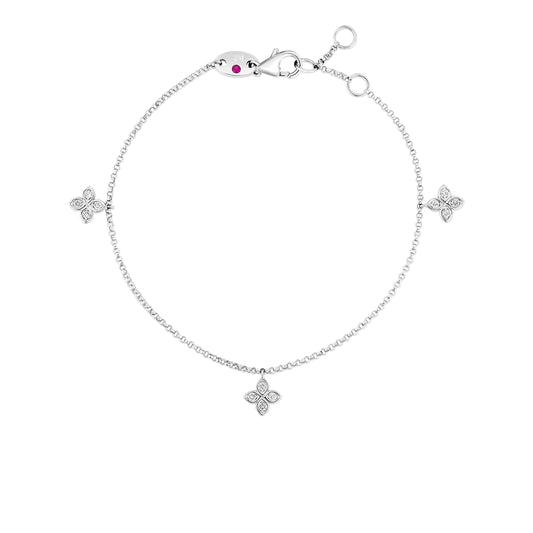 18K WHITE GOLD LOVE BY THE INCH DANGLING 3 STATION DIAMOND FLOWER BRACELET