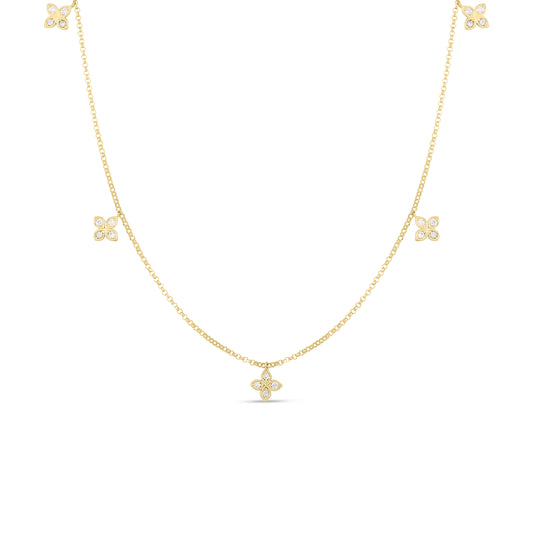 18K YELLOW GOLD LOVE BY THE INCH DANGLING 5 STATION DIAMOND FLOWER NECKLACE