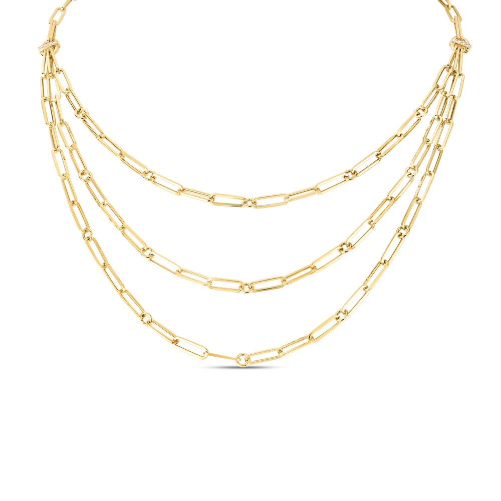 18K YELLOW DESIGNER GOLD TRIPLE STRAND PAPERCLIP CHAIN & DIAMOND COLLAR