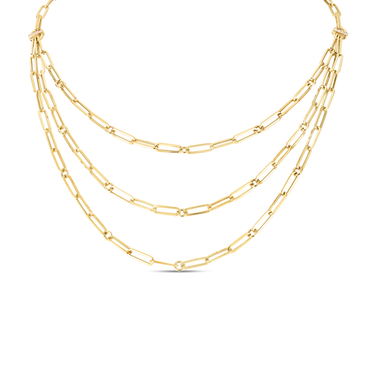 18K YELLOW DESIGNER GOLD TRIPLE STRAND PAPERCLIP CHAIN & DIAMOND COLLAR