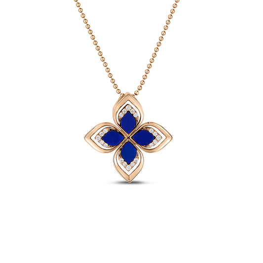 18K ROSE GOLD VENETIAN PRINCESS OPEN FRAME DIAMOND & LAPIS MEDIUM FLOWER NECKLACE