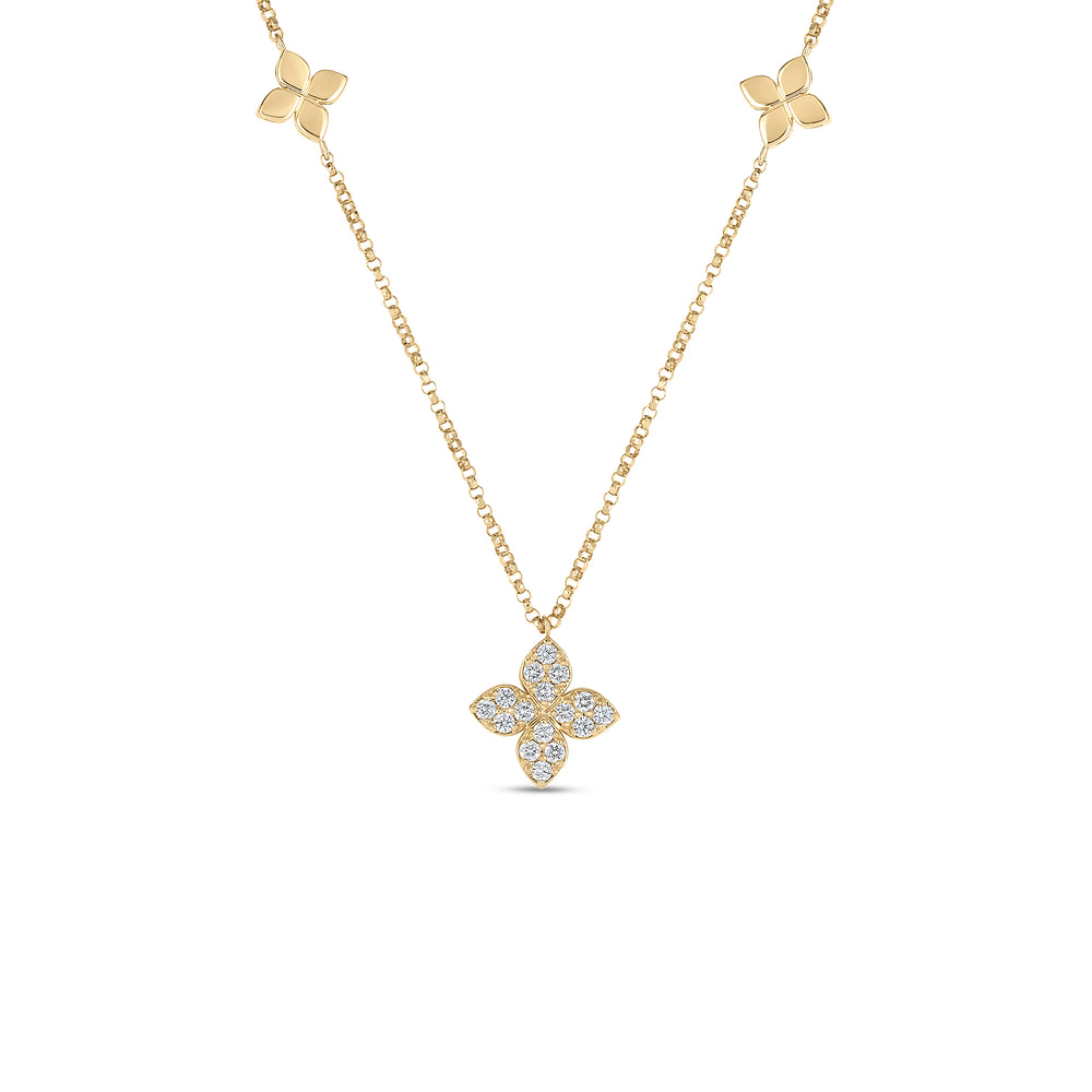 18K YELLOW GOLD LOVE BY THE INCH DIAMOND & POLISHED FLOWER STATION NECKLACE