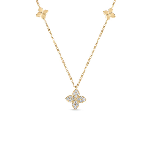 18K YELLOW GOLD LOVE BY THE INCH DIAMOND & POLISHED FLOWER STATION NECKLACE