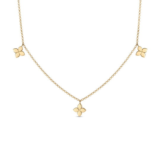 18K YELLOW GOLD LOVE BY THE INCH DIAMOND & POLISHED SMALL FLOWER STATION NECKLACE