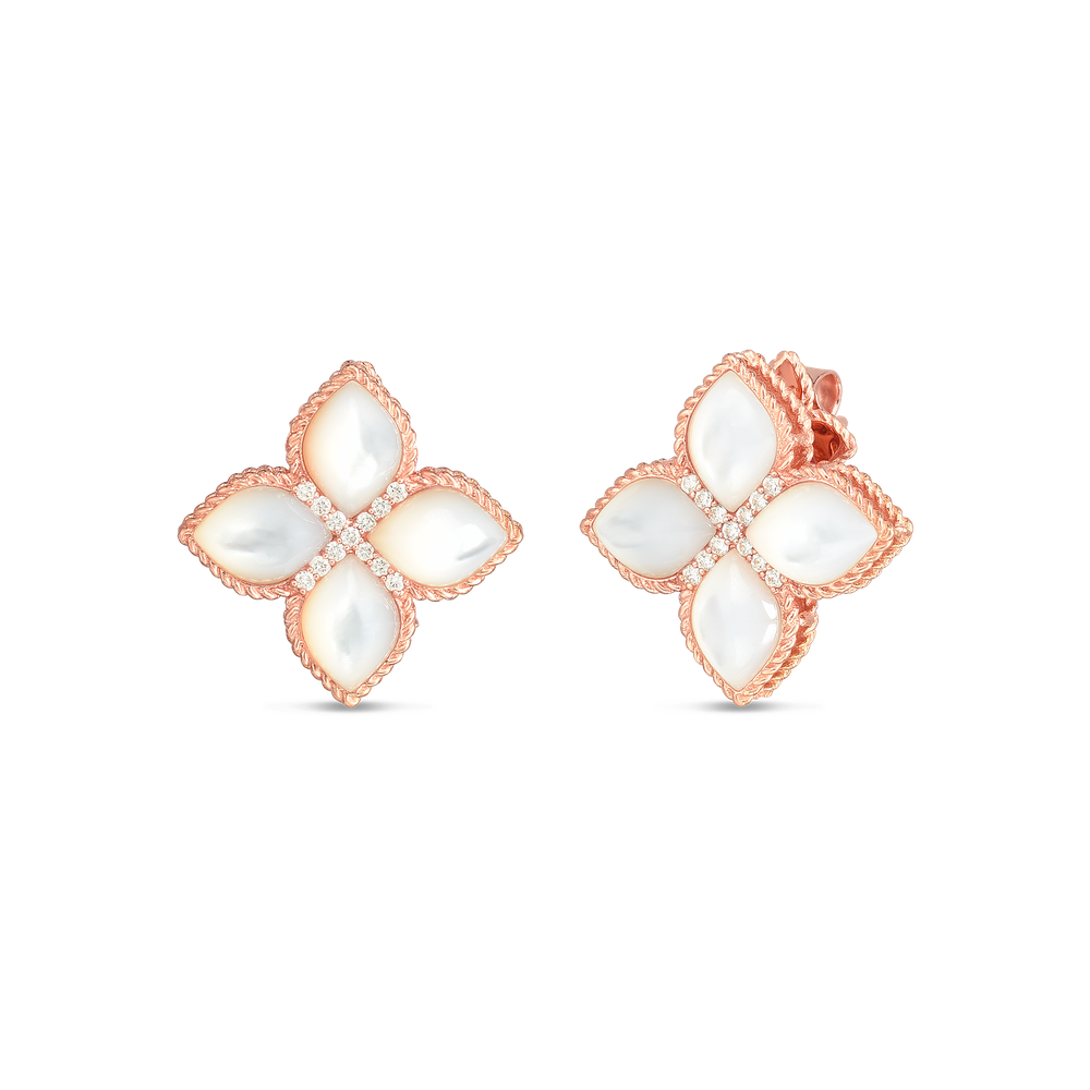 18K GOLD VENETIAN PRINCESS LARGE MOTHER OF PEARL & DIAMOND STUD EARRINGS - 18K Rose Gold