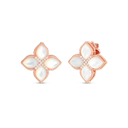 18K GOLD VENETIAN PRINCESS LARGE MOTHER OF PEARL & DIAMOND STUD EARRINGS - 18K Rose Gold