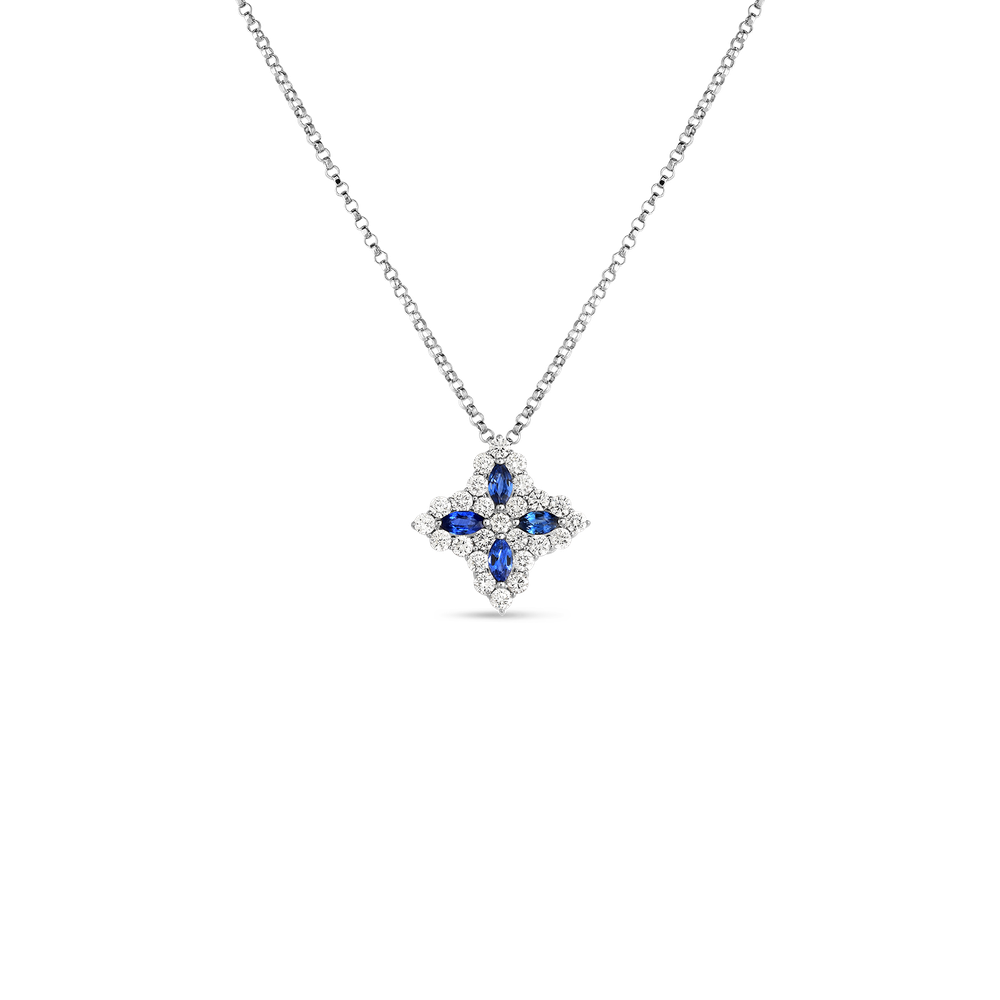18K WHITE GOLD VENETIAN PRINCESS DIAMIND & BLUE SAPPHIRE MEDIUM FLOWER NECKLACE