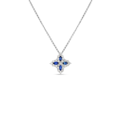 18K WHITE GOLD VENETIAN PRINCESS DIAMIND & BLUE SAPPHIRE MEDIUM FLOWER NECKLACE