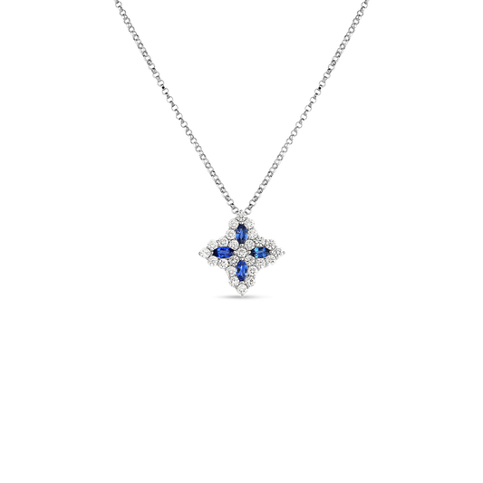 18K WHITE GOLD VENETIAN PRINCESS DIAMIND & BLUE SAPPHIRE MEDIUM FLOWER NECKLACE