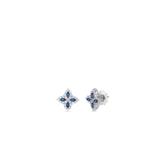 18K WHITE GOLD VENETIAN PRINCESS DIAMOND & BLUE SAPPHIRE MEDIUM FLOWER STUD EARRING