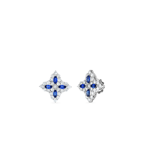 18K WHITE GOLD VENETIAN PRINCESS DIAMOND & BLUE SAPPHIRE LARGE FLOWER STUD EARRINGS