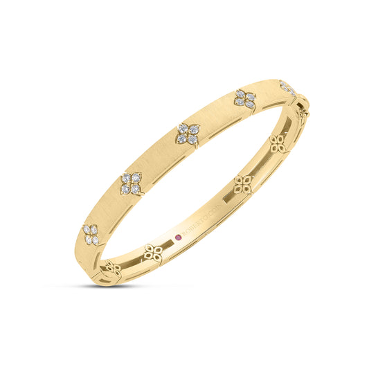 18K YELLOW GOLD LOVE IN VERONA MEDIUM WIDTH DIAMOND ACCENT & SATIN FINISH BANGLE