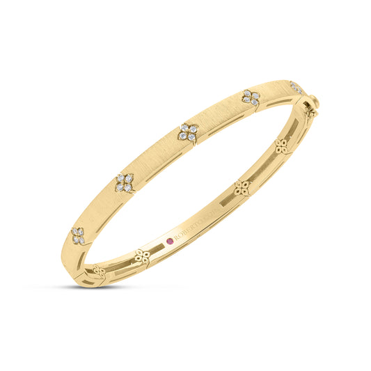 18K YELLOW GOLD LOVE IN VERONA NARROW WIDTH DIAMOND ACCENT & SATIN FINISH BANGLE