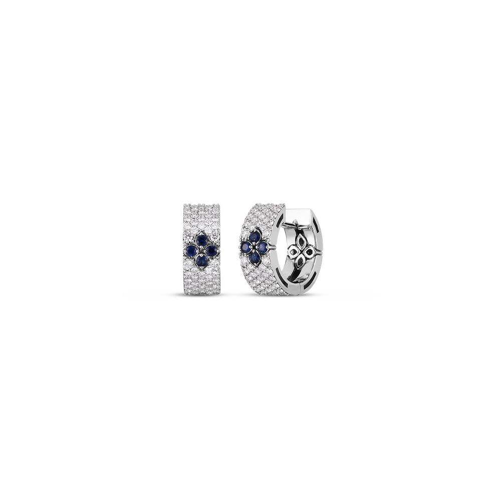 18K WHITE GOLD LOVE IN VERONA PAVE DIAMOND & BLUE SAPPHIRE SMALL HOOP EARRINGS