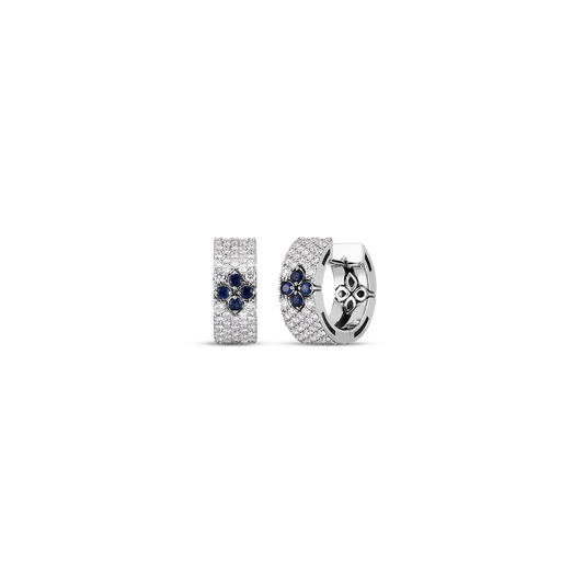18K WHITE GOLD LOVE IN VERONA PAVE DIAMOND & BLUE SAPPHIRE SMALL HOOP EARRINGS