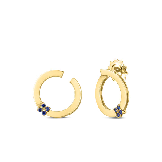 18K YELLOW GOLD LOVE IN VERONA BLUE SAPPHIRE CIRCLE EARRINGS