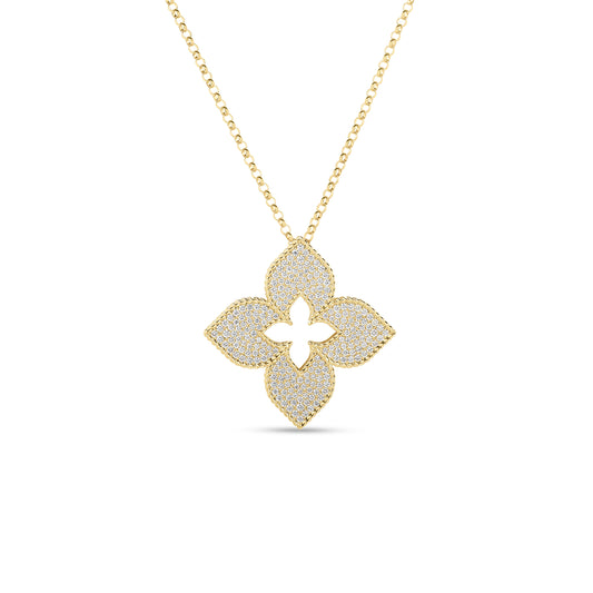 18K YELLOW GOLD VENETIAN PRINCESS LARGE PAVE DIAMOND FLOWER LONG NECKLACE