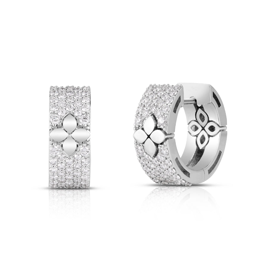 18K WHITE GOLD LOVE IN VERONA PAVE DIAMOND & POLISHED FLOWER HOOP EARRINGS