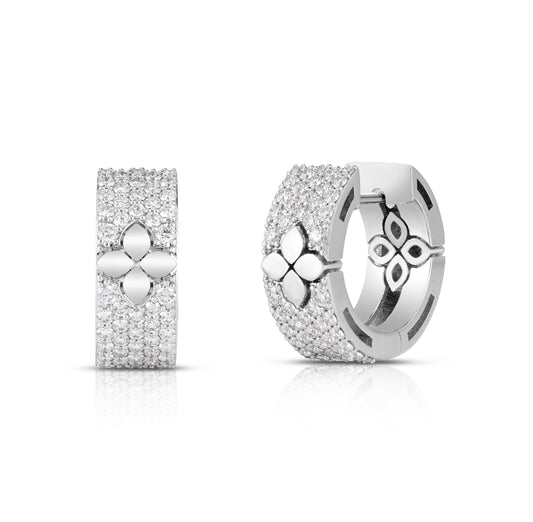 18K WHITE GOLD LOVE IN VERONA PAVE DIAMOND & POLISHED FLOWER HOOP EARRINGS