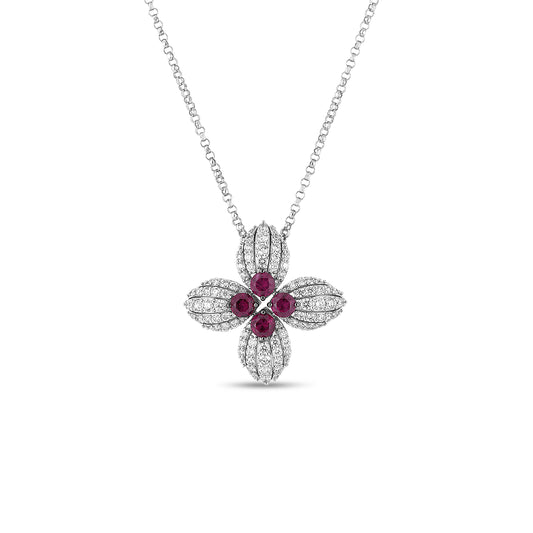 18K WHITE GOLD LOVE IN VERONA DIAMOND AND RUBY FLOWER NECKLACE