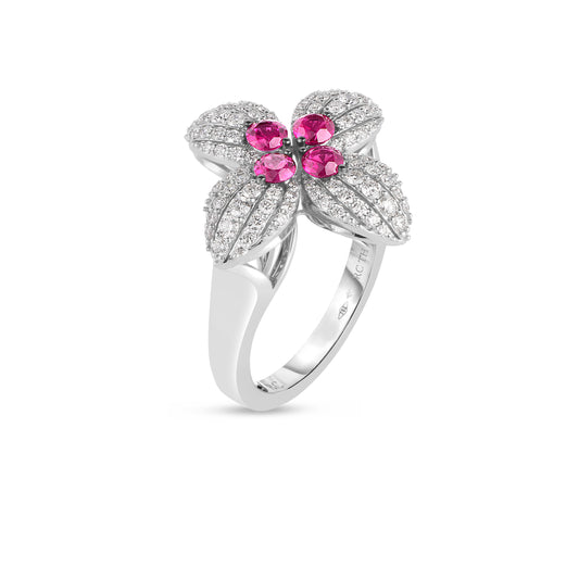 18K WHITE GOLD LOVE IN VERONA DIAMOND AND RUBY FLOWER RING