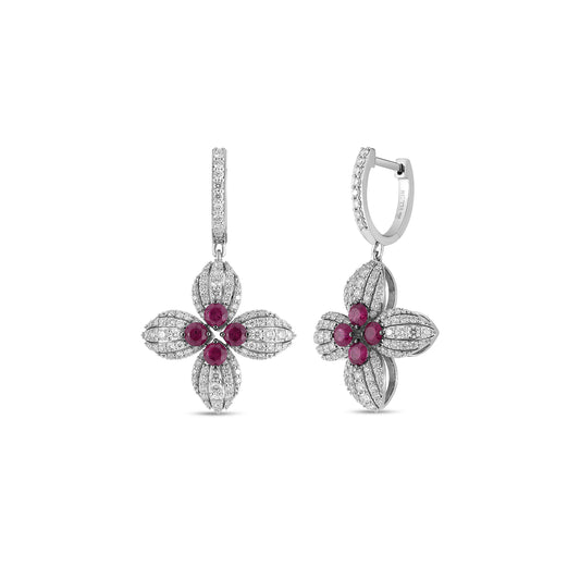 18K WHITE GOLD LOVE IN VERONA DIAMOND AND RUBY FLOWER EARRINGS