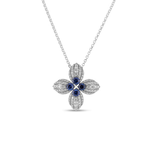 18K WHITE GOLD LOVE IN VERONA DIAMOND AND BLUE SAPPHIRE FLOWER NECKLACE