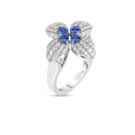 18K WHITE GOLD LOVE IN VERONA DIAMOND AND BLUE SAPPHIRE FLOWER RING