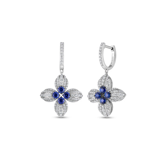 18K WHITE GOLD LOVE IN VERONA DIAMOND AND BLUE SAPPHIRE FLOWER EARRINGS