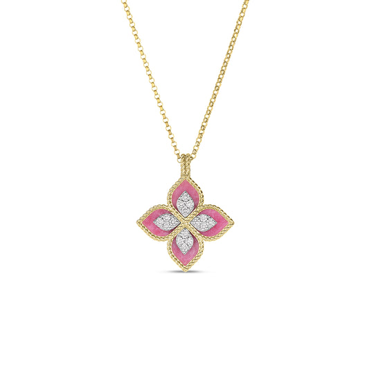 18K YELLOW/WHITE GOLD VENETIAN PRINCESS DIAMOND & RHODONITE FLOWER NECKLACE