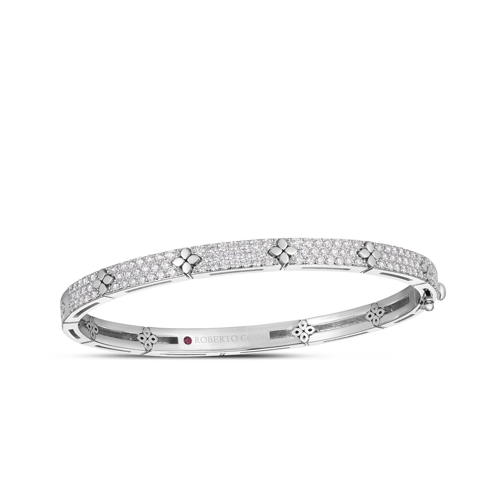 18K WHITE GOLD LOVE IN VERONA PAVE DIAMOND & POLISHED FLOWER NARROW BANGLE