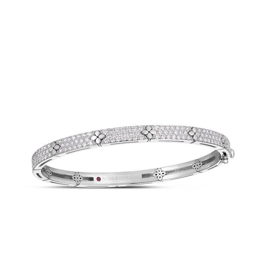 18K WHITE GOLD LOVE IN VERONA PAVE DIAMOND & POLISHED FLOWER NARROW BANGLE