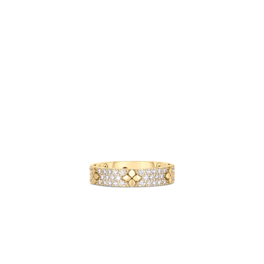 18K YELLOW GOLD LOVE IN VERONA PAVE DIAMOND & POLISHED FLOWER NARROW RING