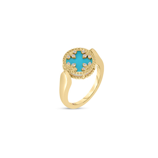 18K YELLOW GOLD VENETIAN MEDALLIONS DIAMOND, TURQUOISE , AND MOTHER OF PEARL SMALL REVERSIBLE RING
