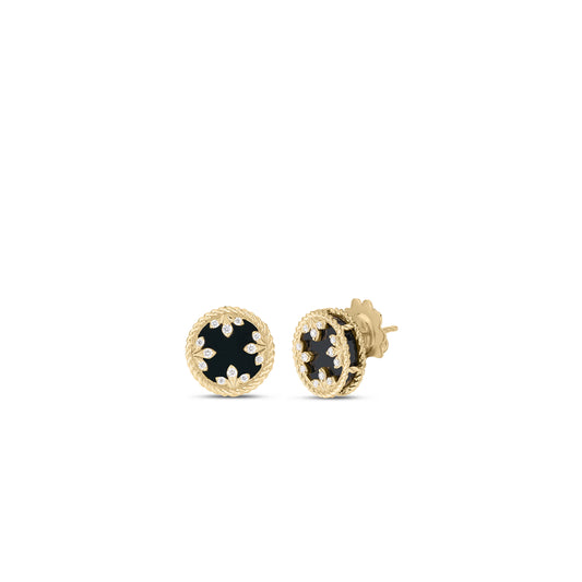 18K YELLOW GOLD VENETIAN MEDALLIONS SMALL DIAMOND & BLACK JADE STUD EARRINGS