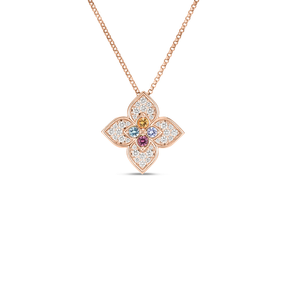 18K ROSE GOLD VENETIAN PRINCESS CARNIVAL PAVE DIAMOND & MIXED STONES LARGE FLOWER NECKLACE