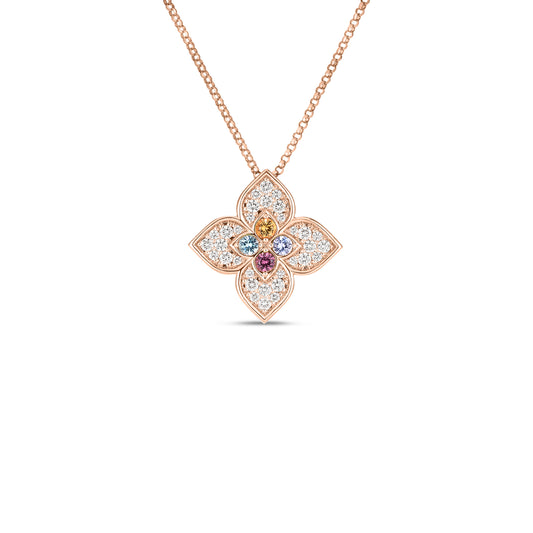 18K ROSE GOLD VENETIAN PRINCESS CARNIVAL PAVE DIAMOND & MIXED STONES LARGE FLOWER NECKLACE