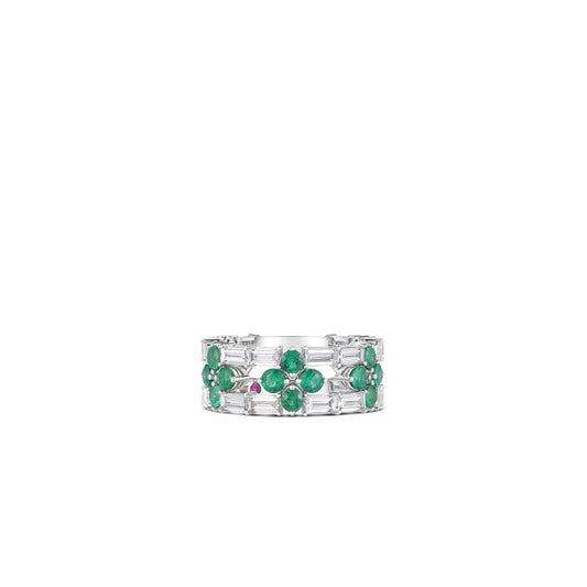 18K WHITE GOLD LOVE IN VERONA DIAMOND AND GREEN EMERALD OPEN FRAME RING