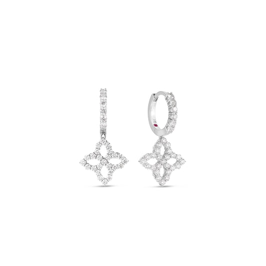 18K WHITE GOLD DIAMOND PRINCESS OUTLINE SMALL FLOWER DROP EARRINGS