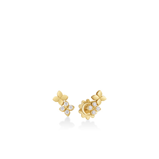 18K YELLOW GOLD LOVE IN VERONA DIAMOND AND POLISHED FINISH DOUBLE FLOWER STUD EARRINGS