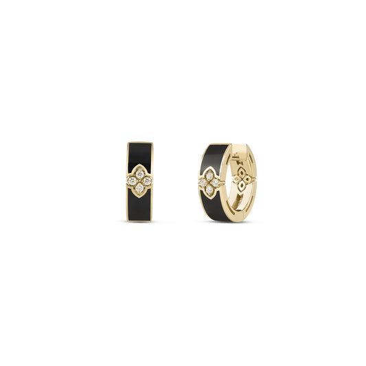 18K YELLOW GOLD LOVE IN VERONA DIAMOND AND BLACK ENAMEL HOOP EARRINGS