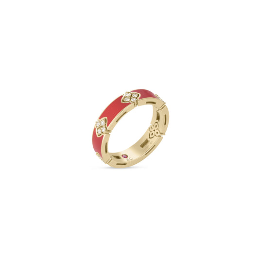 18K YELLOW GOLD LOVE IN VERONA DIAMOND AND CORAL ENAMEL RING