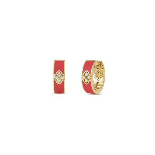 18K YELLOW GOLD LOVE IN VERONA DIAMOND AND CORAL ENAMEL HOOP EARRINGS