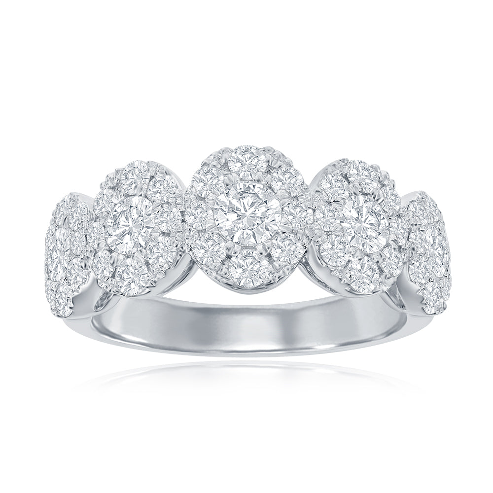 14K White Gold Five Stone Diamond Halo Anniversary Band